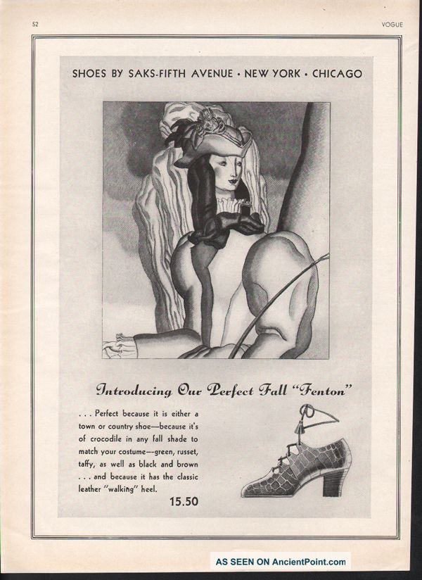 1931 Saks Fifth Avenue Fenton Shoe Heel Fashion Walking Art Costume Leather Ad Art Deco photo