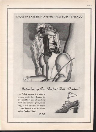 1931 Saks Fifth Avenue Fenton Shoe Heel Fashion Walking Art Costume Leather Ad photo
