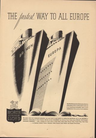 1933 North German Lloyd Travel Vacation Cruise Ship Bremen Europa Art Deco Liner photo