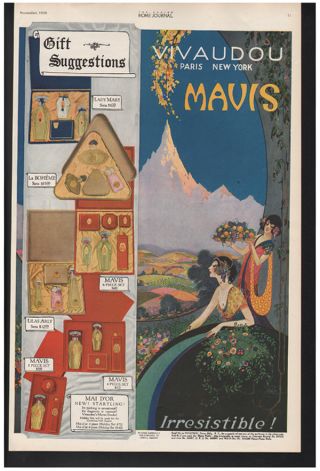 1920 Vivaudou Mavis Perfume Makeup Gift Box Set Tin Fred Packer Art Nouveau Ad photo