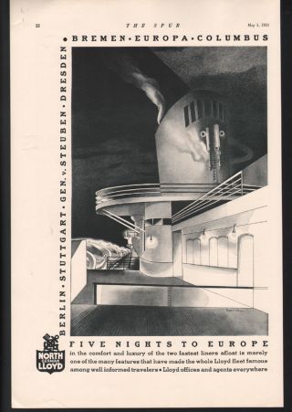 1931 North German Lloyd Ocean Liner Ship Vessel Travel Art Deco Ernest Fiene Ad photo