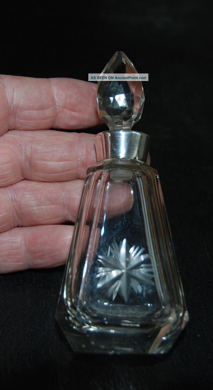 Lovely Art Deco Cut Glass & Silver Scent - Bottle With Stopper.  1921 Chester Art Deco photo