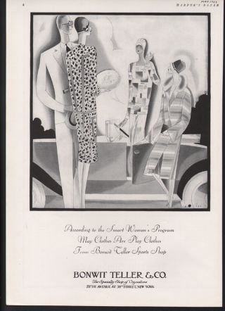 1927 Bonwit Teller Fashion Clothing Dress Sport Tennis Auto Bolin Art Deco Ad photo