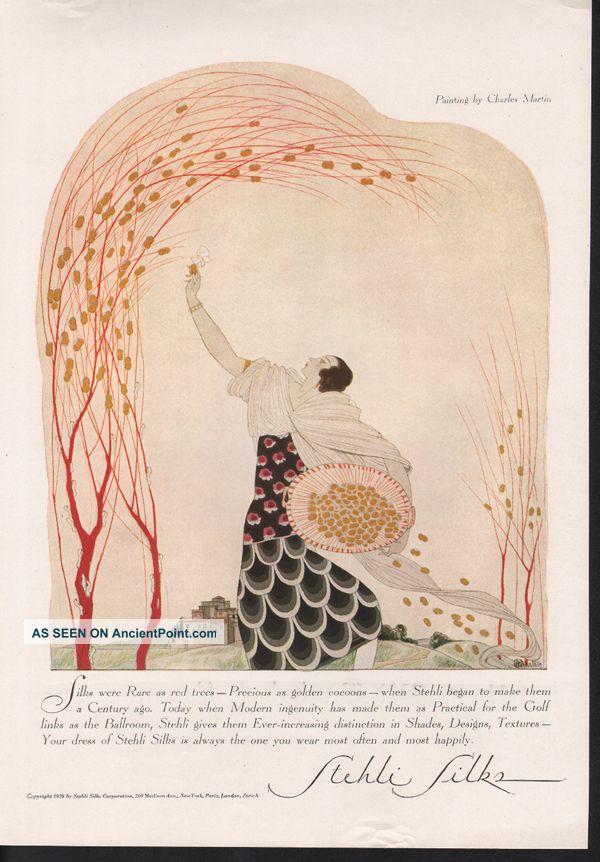 1928 Stehli Silk Martin Fashion Fabric Dress Flower Ad Art Deco photo