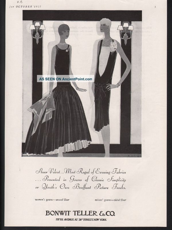 1927 Bonwit Teller Fashion Clothing Dress Gown Bolin Frock Velvet Art Deco Ad Art Deco photo