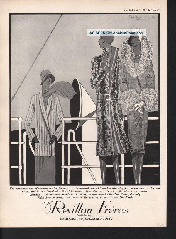 1928 Revillon Freres Fur Coat Fashion Valentine Deco Ad Art Deco photo