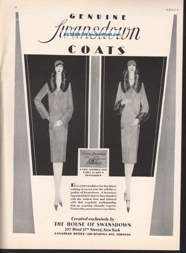 1928 House Of Swansdown Fur Coat Fleece Dress Jacket Ad Art Deco photo