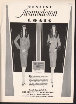 1928 House Of Swansdown Fur Coat Fleece Dress Jacket Ad photo