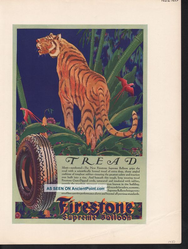 1930 Firestone Tire Auto Davis Tiger Jungle Flower Bird Art Deco photo