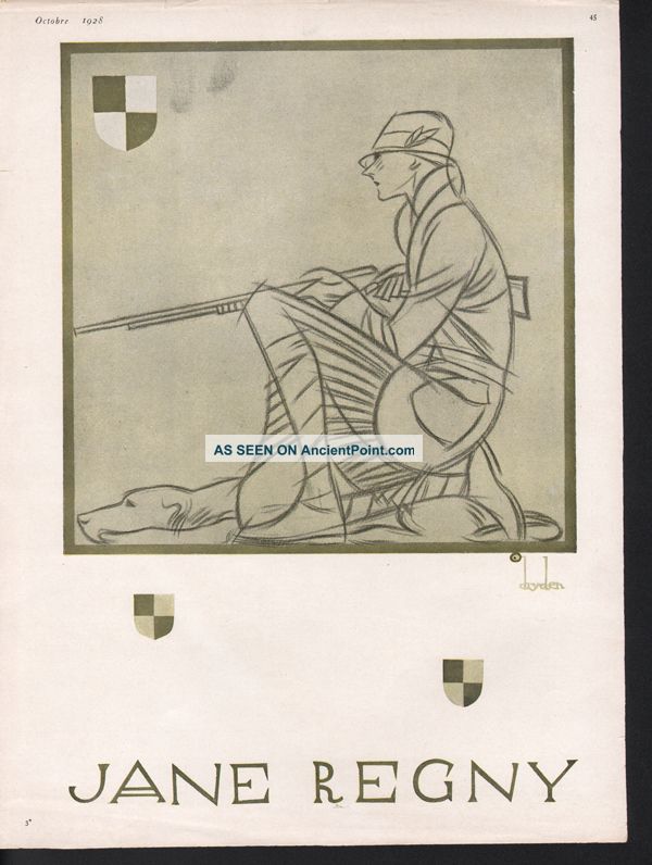 1928 Jane Regny Woman Outdoor Clothing Fashion Dog Hunt Art Deco photo