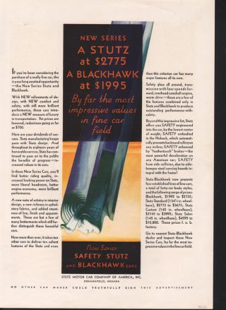1929 Stutz Blackhawk Car Auto Indianapolis Salon Standard Motor Engine Safety Ad photo