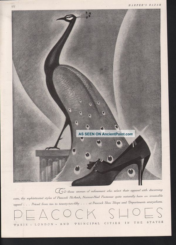 1928 Peacock Shoe Foot Bird Winter Paris Heel Fashion Art Deco photo