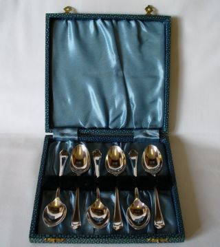 A Set Of Six Art Nouveau Silver Plate Spoons In Faux Shark Skin Case photo