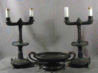 Arts & Crafts Bronze Garniture Set By Jm Sultiens Pair Of Lamps & Urn photo