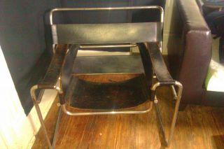 Marcel Breuer Knoll Wassily Chair Black Leather Metal Lounge Vintage photo