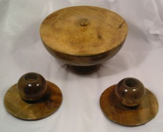 Vintage Wonderful Set Mid Century Turned Wood Exotic Bowl And Candlestands C35 photo