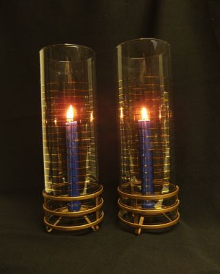 Mid Century Modern Brass & Glass Cylindrical Candleholders Gold Spirals Illusion photo