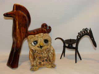 Vtg Mid Century Modern Pottery Owl,  Trojan & Metal Horse Lot Eames 60s Era photo