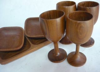 Mid Century Danish Modern Teak Goblets Cups Bowl Wine Tray Wood Vintage photo