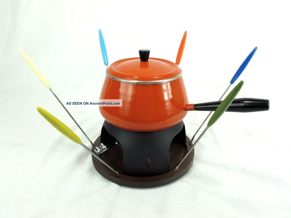 Amazing Orange Fondue Enamelware Fondue Pot Set Mid - Century Modern Unused Vtg Mid-Century Modernism photo