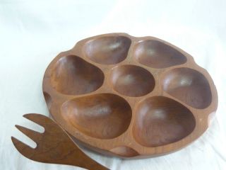 Vintage Mid Century Teak Tray Bowl Danish Modern Wood Fork Nuts Candy Appetizers photo