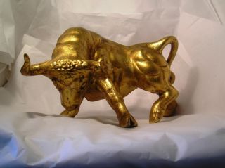 Vintage Wonderful Mid Century Italian Art Pottery Gold Leaf Bull C4 photo