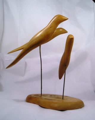 Vintage 1950s Mid Century Carved Wood Sculpture Of Birds C46 photo