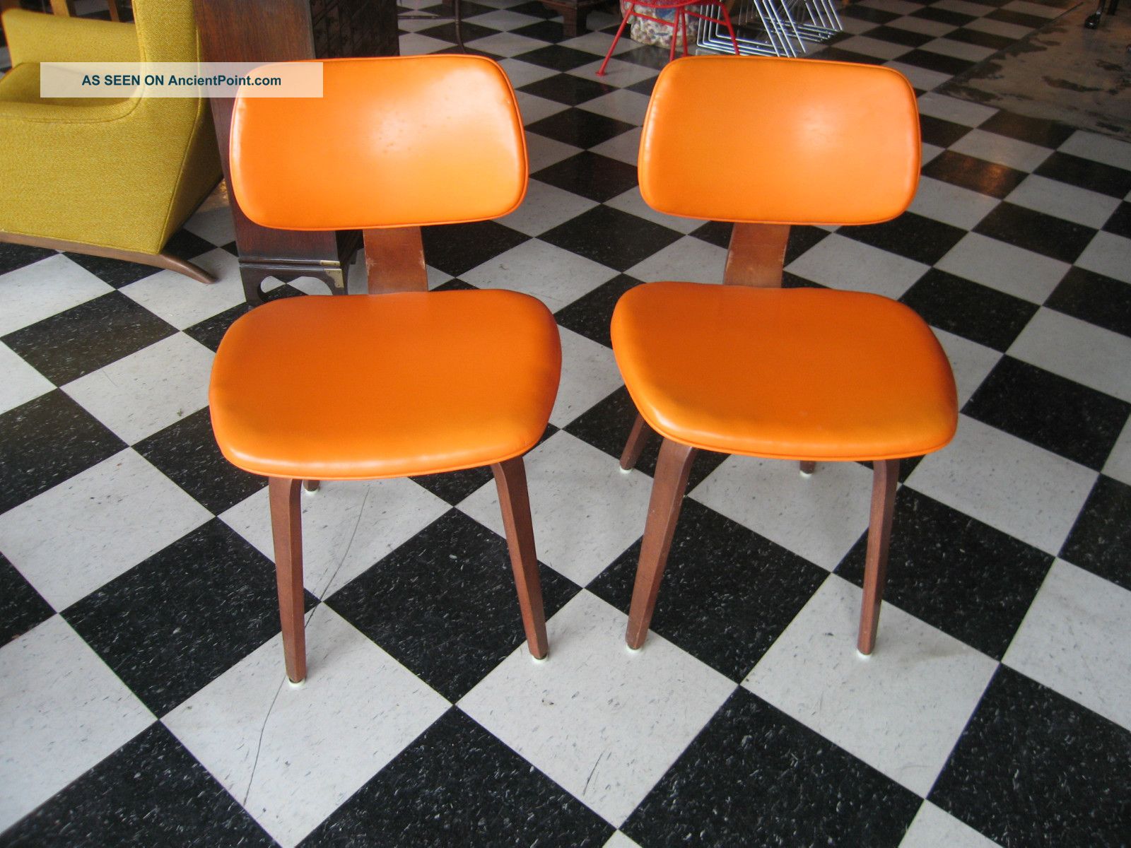 Vintage Pair Of Mid Century Modern Thonet Chairs W/ Bright Orange Upholstery Post-1950 photo