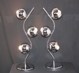 Vtg Mid Century Modern Pair Sculptural Chrome Eyeball Orb Table Lamps Eames Era photo