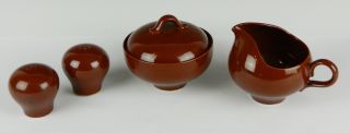 Vintage Midcentury Modern Retro Brown Ceramic Creamer Sugar Bowl Salt Pepper Set photo