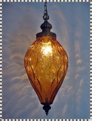 Mid Century Hollywood Regency Amber Crackle Glass Eames Era Hanging Swag Lamp photo