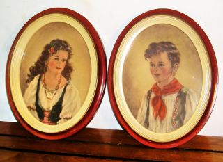 Vintage Pair Mid Century Oval Frames With Prints M7 photo