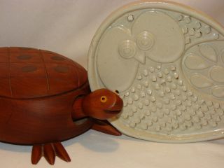 Vtg Teak Wood Turtle & Pottery Owl Lot Tiki Danish Modern Mid Century Eames Era photo