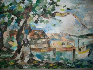 Mid Century Modern Painting 1967 Modernist Expressionist Harbor Boat Tree Scene photo