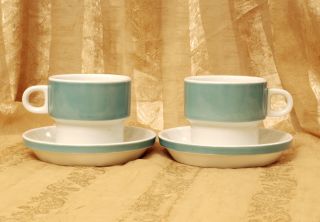 Mid - Century Modern Deco Pair Of Thomas - Germany Cups & Saucers Teal & White photo