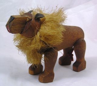 Great Vintage Modernist Mid Century Hand Made Articulated Wood Lion C6 photo