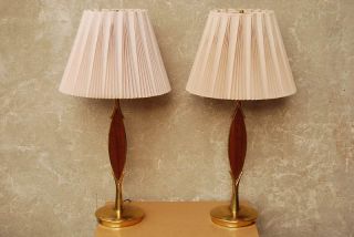 Pair Stiffel Brass Teak Lamps Vintage Mid Century 60s photo