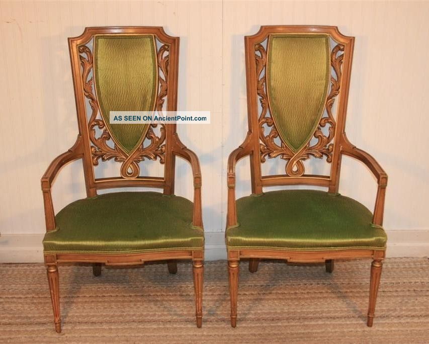 Pair Vtg Tall Back Hollywood Regency Mid Century Modern Flame Carved Arm Chairs Post-1950 photo
