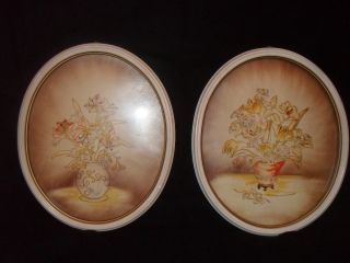 Oval Hand Painted Floral Pictures Painting Vintage Mid Century Floral photo