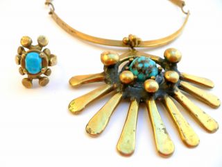 Vintage 1960s 70s Modernist Forged Brass & Turquoise Necklace & Ring Set photo