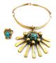 Vintage 1960s 70s Modernist Forged Brass & Turquoise Necklace & Ring Set Mid-Century Modernism photo 1