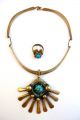 Vintage 1960s 70s Modernist Forged Brass & Turquoise Necklace & Ring Set Mid-Century Modernism photo 2