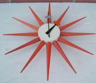 Eames Era George Nelson Howard Miller Starburst Wood Clock Orange Burst Key photo