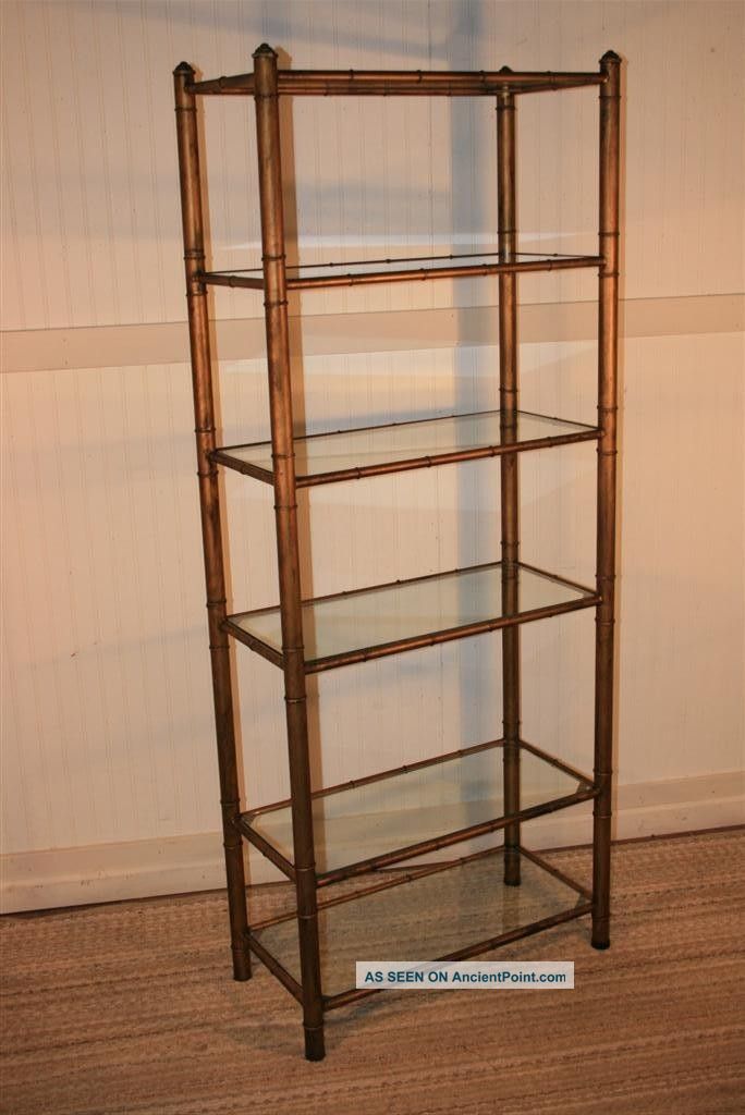 Vtg Hollywood Regency Faux Bamboo Mid Century Modern Metal Gold Etagere Bookcase 1900-1950 photo