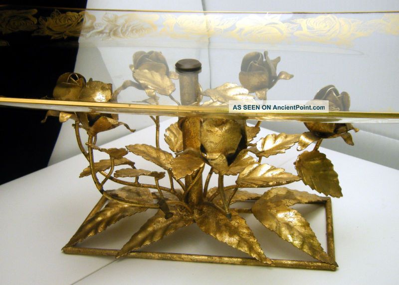 Hollywood Regency Centerpiece Tray Italian Gilt Tole Roses Mid-Century Modernism photo