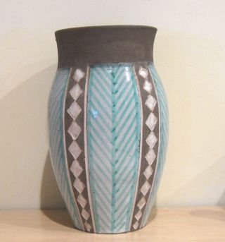 Raymor Italian Pottery Mid Century Blue Geometric Vase photo