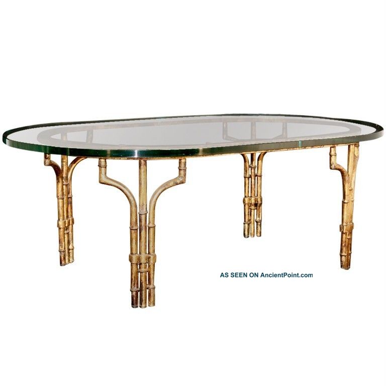 Vtg Hollywood Regency Gold Gilt Metal Faux Bamboo Oval 1 Inch Glass Coffee Table Post-1950 photo