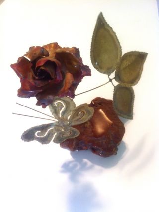 Vintage Mid - Century Modern Jere Metal On Wood Rose And Butterfly Art Sculpture photo