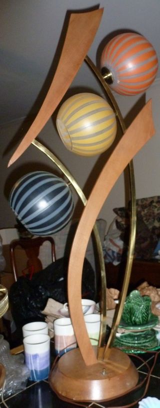 Danish Modern Brass,  Glass & Wood Large Table Lamp Lighting Marimekko Style photo