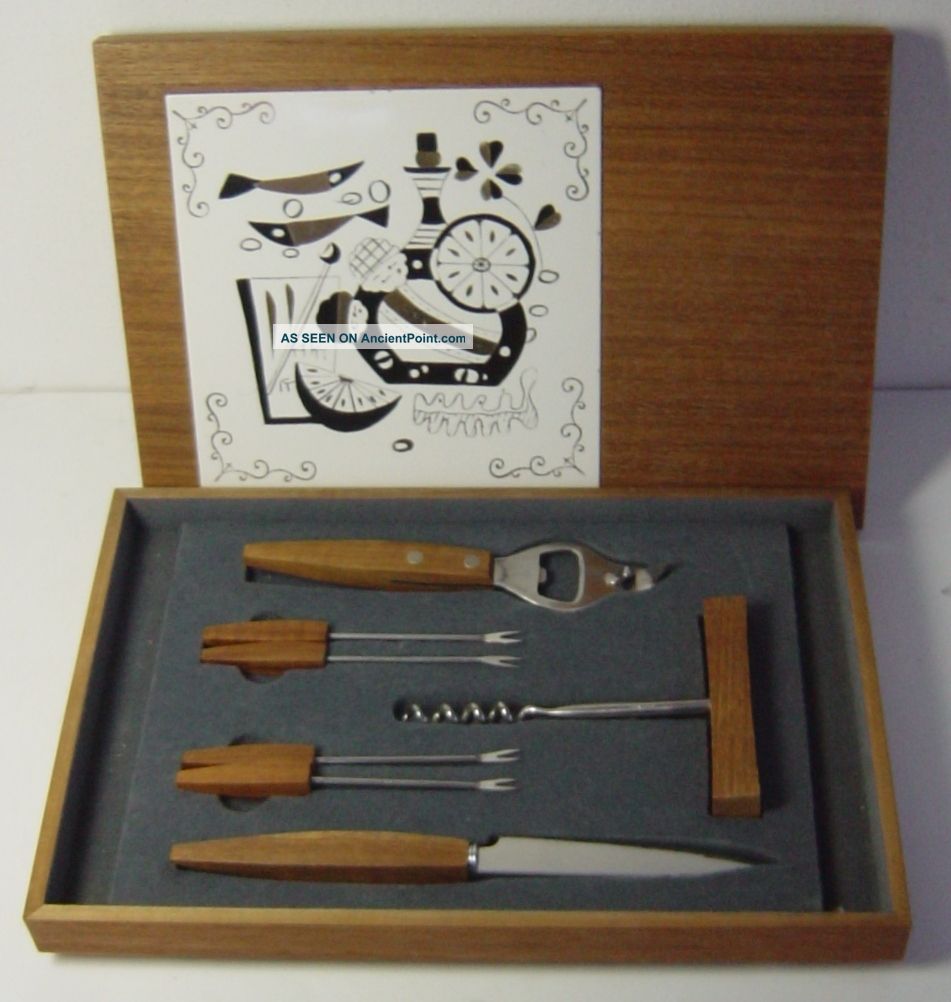 Stylish Midcentury Teakwood Bar Set With Abstract Ceramic Cutting Board Mid-Century Modernism photo